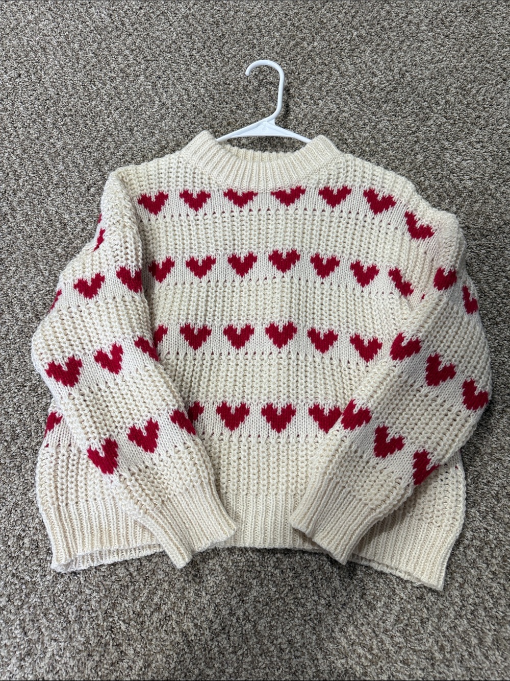 Ivory Heart-Pattern Knit Sweater with Red Hearts